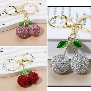 Cherry Keychain Or Bag Charms Set with Rhinestones 3 pack